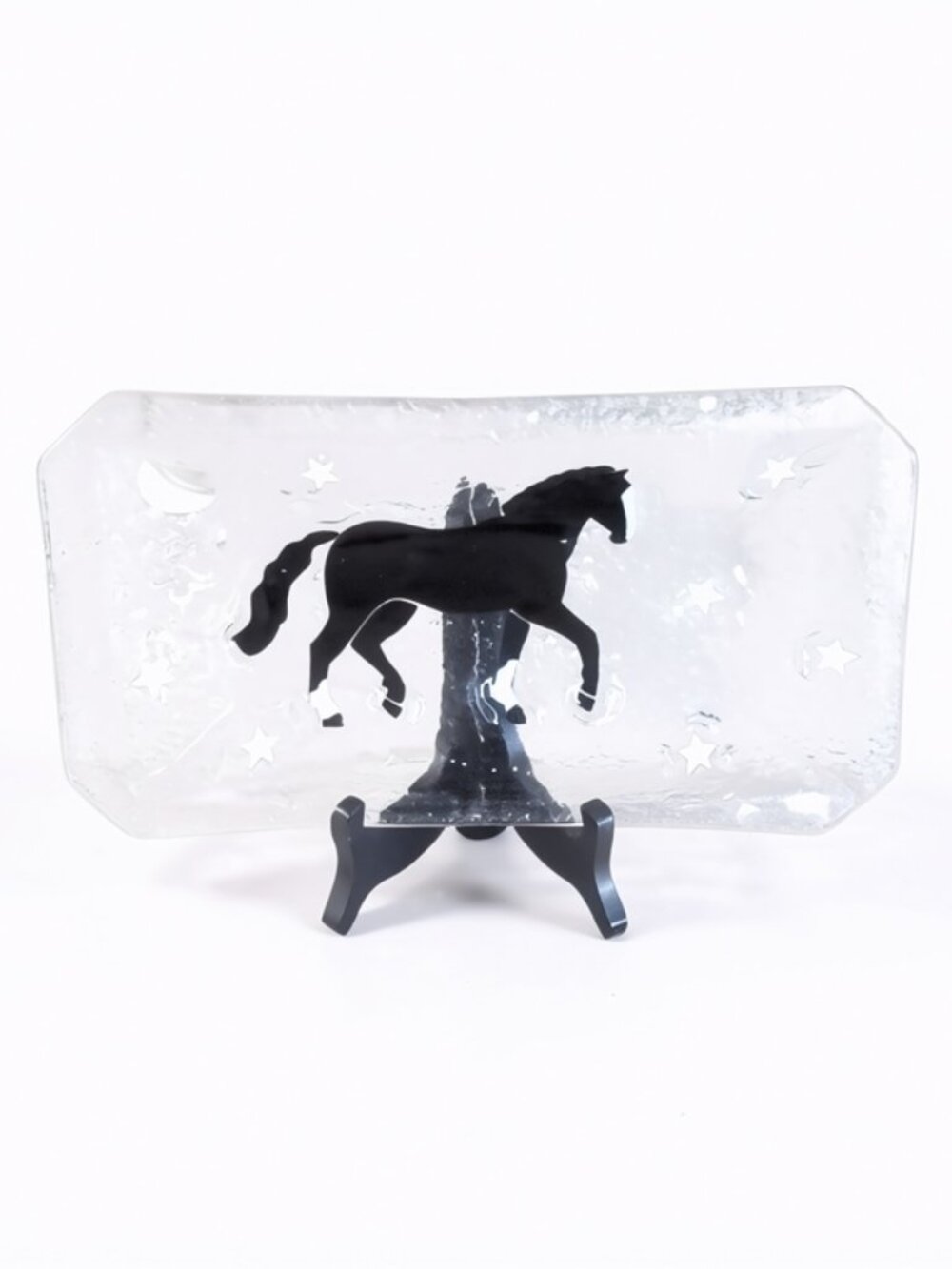 Glass Tray Prancing Black Horse Moon & Stars Artist Signed 12" x 6 1/2"